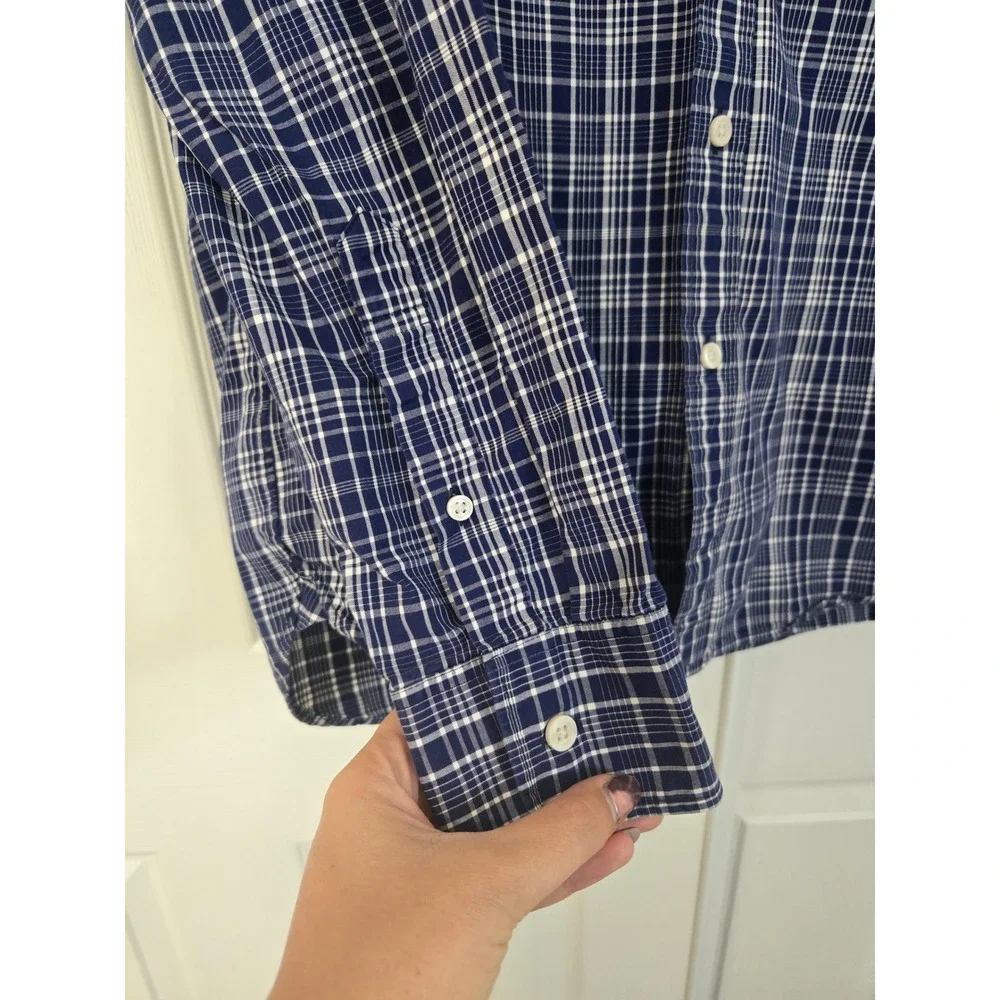 J. Crew Thompson Shirtings Mens XL Navy Blue White Plaid 80s 2-Ply Cotton Shirt